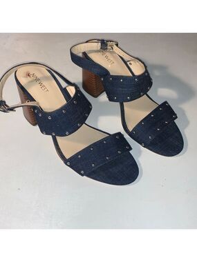 Women's Nine West Blue Denim Studded Block Heel Sandals Size 10